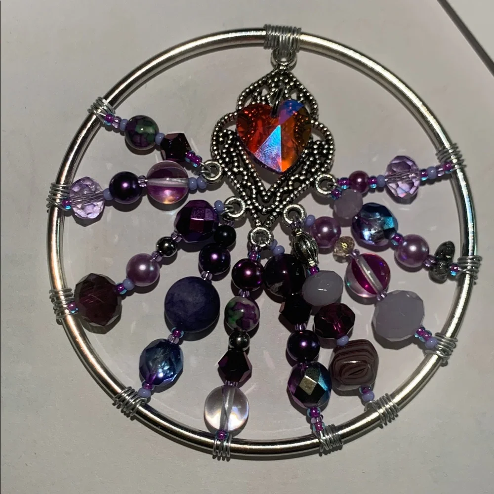 Handcrafted Silver and Purple Beaded Wire Wrapped Ornament with Hear Pendant - Picture 5 of 8